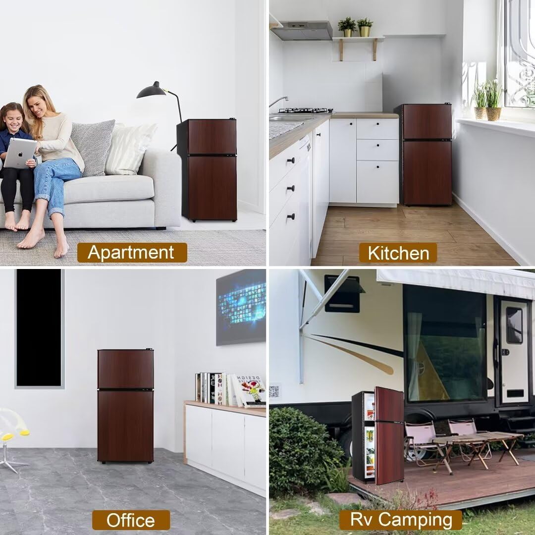 Compact Refrigerator, 3.3 Cu.Ft Apartment Size Refrigerator with Freezer, Small Fridge with Level Adjustable Thermostat Control Perfect for Kitchen, Wood