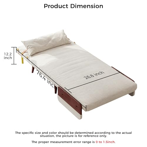 3-in-1 Convertible Chair Bed Sleeper for Adults, Linen Convertable Sleeper Chair with Wooden Arms & Pillows, Foldable Single Futon Sofa Bed (Mid Century with Walnut Arm, 36.6" Wide)