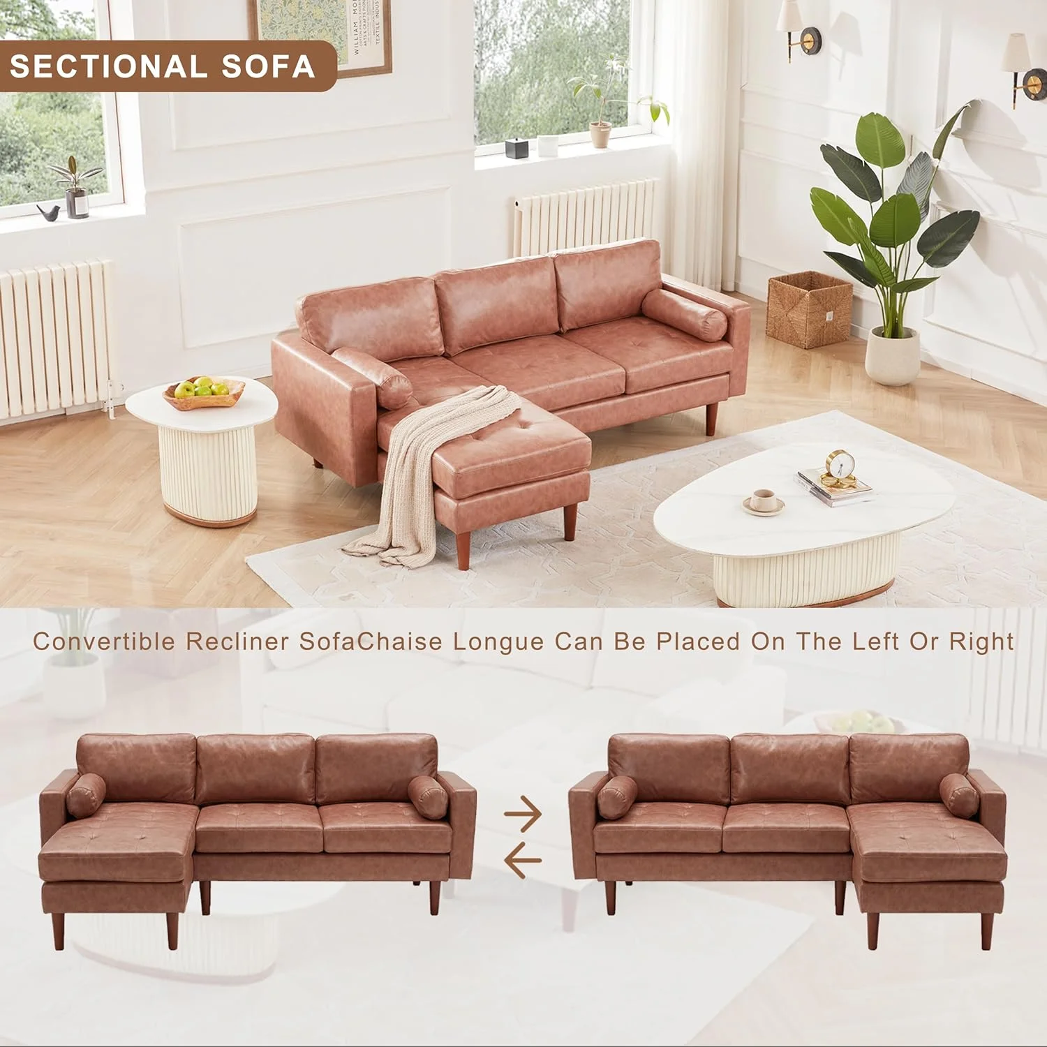 80" W Sectional Sofa Couch, L Shaped Couch with Reversible Chaise, Mid Century Modern Leather Couches for Living Room Apartment Small Space, Convertible Sofa with Tufted Seat Cushion, Brown