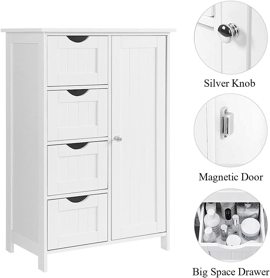 BINLINGO Floor Storage Cabinet, Wooden Bathroom Cabinet with 1 Door & 4 Drawer, Free Standing Entryway Cupboard Cabinet, White