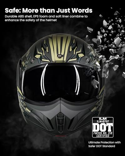 ILM Vintage Full Face Modular Motorcycle Helmet for Adults Men ATV UTV Snowmobile with 180° Reversible Chin Guard DOT Model-B707(Matte Black, L)