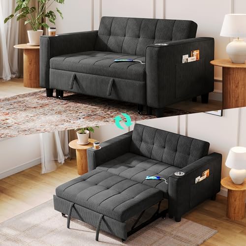 LINSY 3-in-1 Convertible Sofa Bed, 54" Pull Out Sleeper Sofa with Charging Station & Cup Holder, Small Folding Loveseat with Side Pocket for Small Space, Corduroy Couch, Green