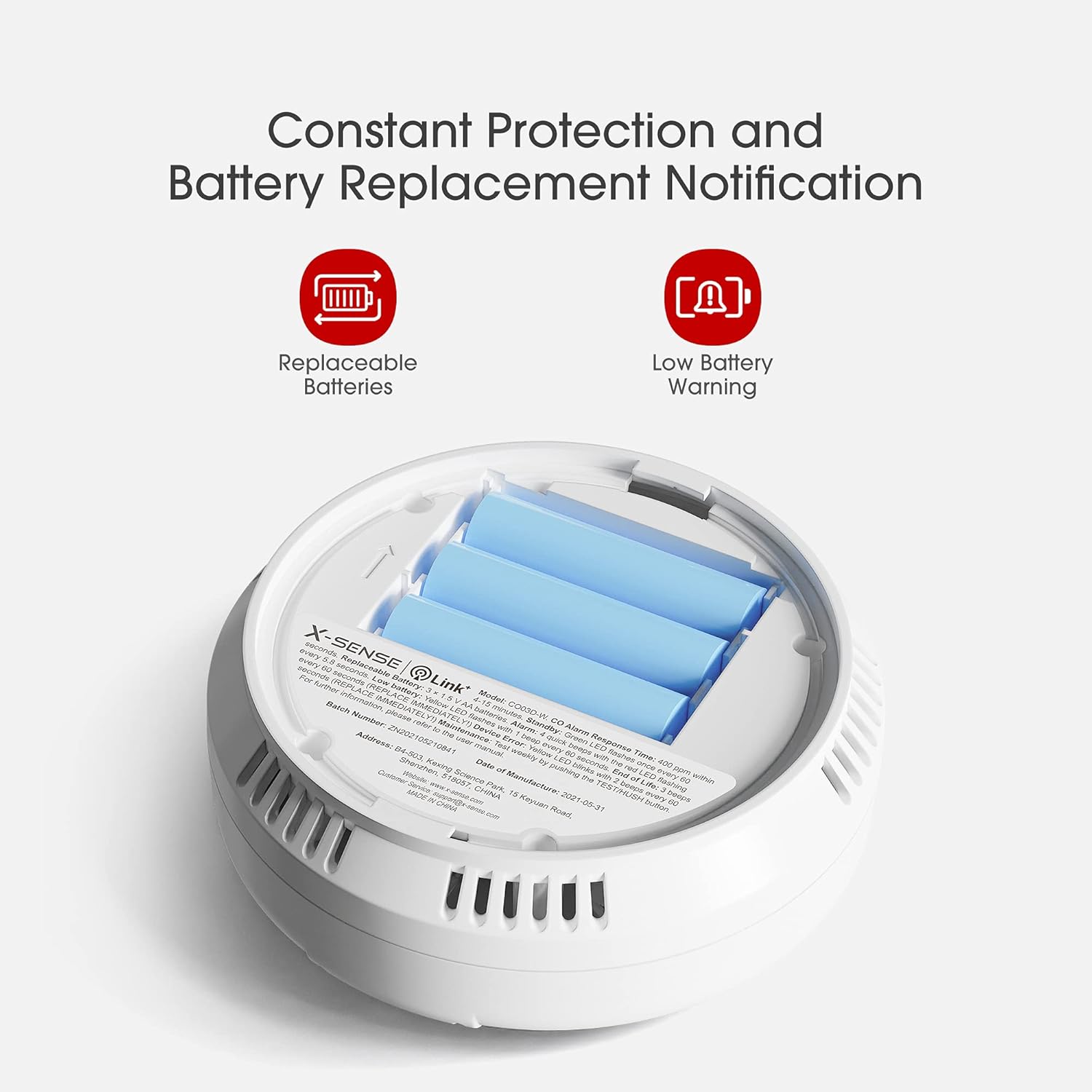 X-Sense Wireless Interconnected Carbon Monoxide Detector, Replaceable Battery-Powered CO Alarm with Digital Display, Auto-Check, CO03D-W, Pack of 2