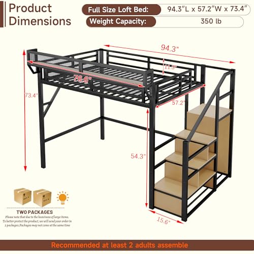 Full Size Loft Bed with Stairs and Storage, Metal Loft Bed Frame with Bedside Shelf and Large Under-Bed Space, Heavy-Duty Bed for Adults Teens and Kids, Black
