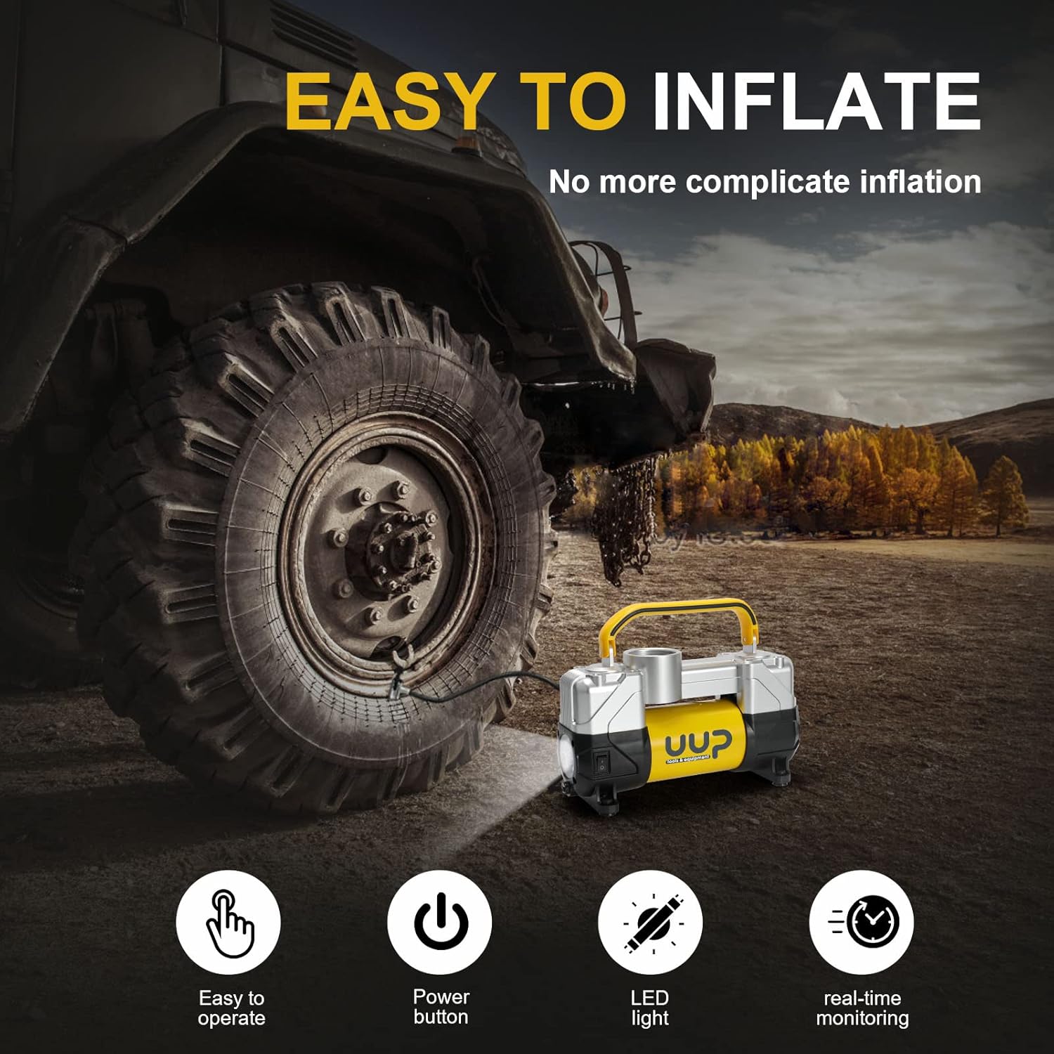 UUP Portable Air Compressor Tire Inflator Heavy Duty Double Cylinders with 12V DC,Metal Air Pump for Car Tires with Emergency LED Light for Car, Truck, SUV, Air Bed, Dinghy and Other Inflatables Pack of 2