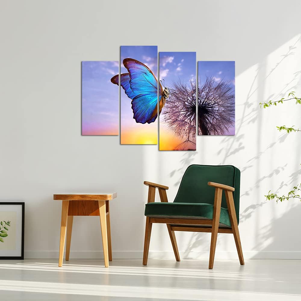 VANSEEING 4 Panels Dandelion Canvas Wall Art Blue Butterfly Dandelion Paintings Picture Sunset Landscape Artwork Prints Stretched and Framed for Living Room Bedroom