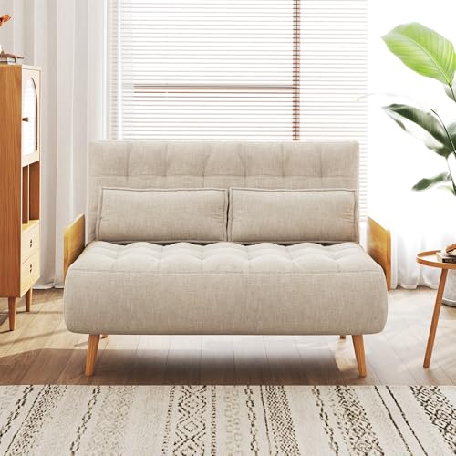 3-in-1 Convertible Chair Bed Sleeper for Adults, Linen Convertable Sleeper Chair with Wooden Arms & Pillows, Foldable Single Futon Sofa Bed (Mid Century with Walnut Arm, 36.6" Wide)