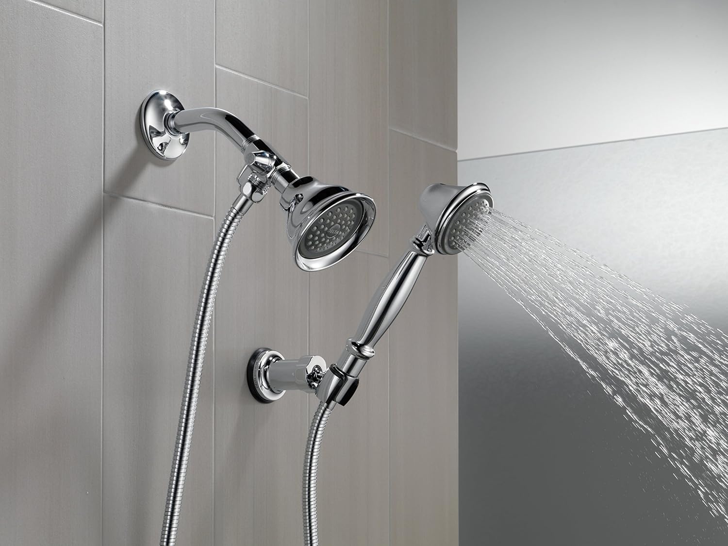 Waterpik High Pressure Powerpulse Massage Hand Held, 2.5 GPM, Chrome Detachable Shower head with 7 Spray Settings and 5' Hose, XRO-763 & Delta Shower Arm Diverter for Hand Shower, Chrome Pack of 2