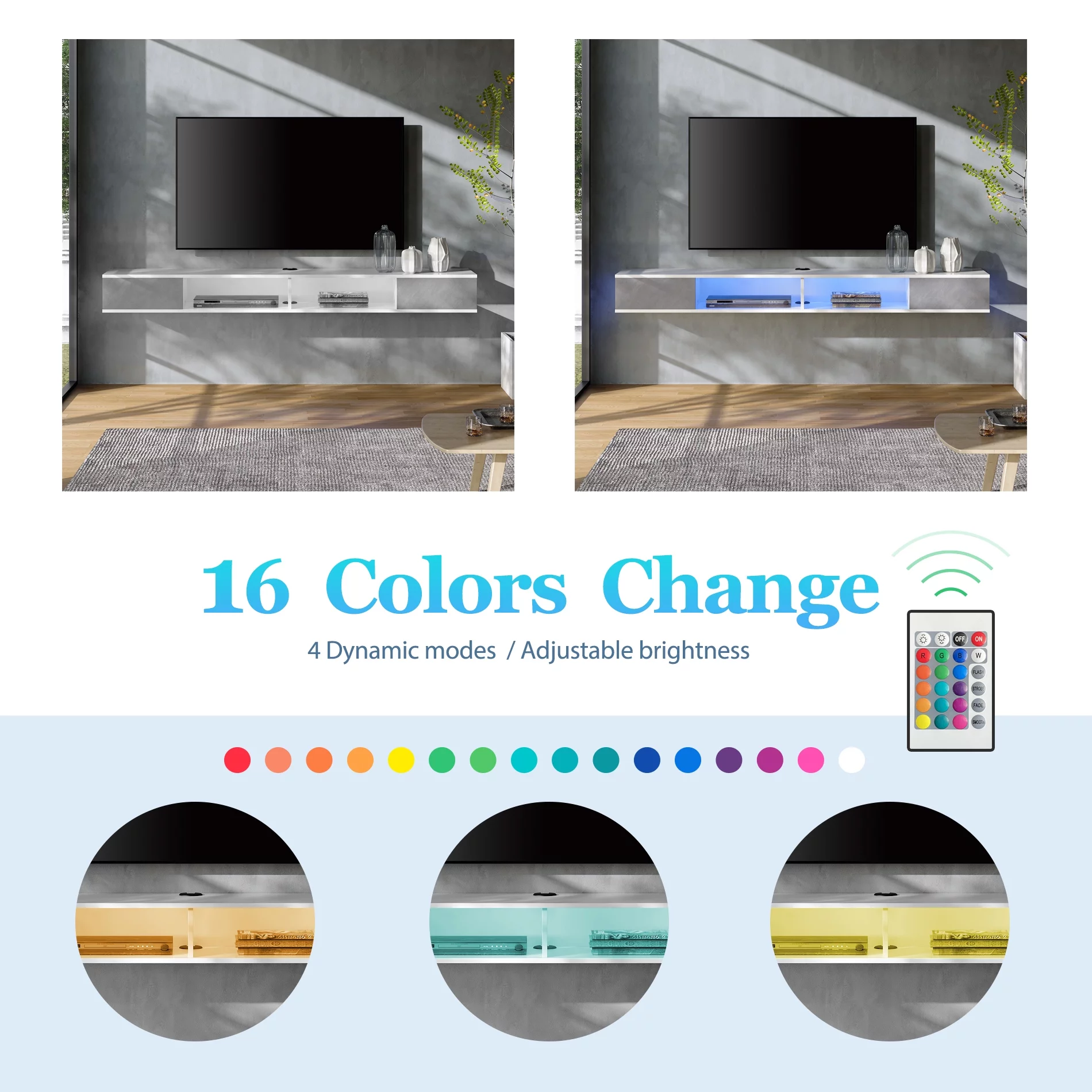 WAMPAT 70 inch Floating TV Shelf with Blue LED Light,Floating Entertainment Center Wall Mounted Under TV Media Console for Living Room,White&Gray