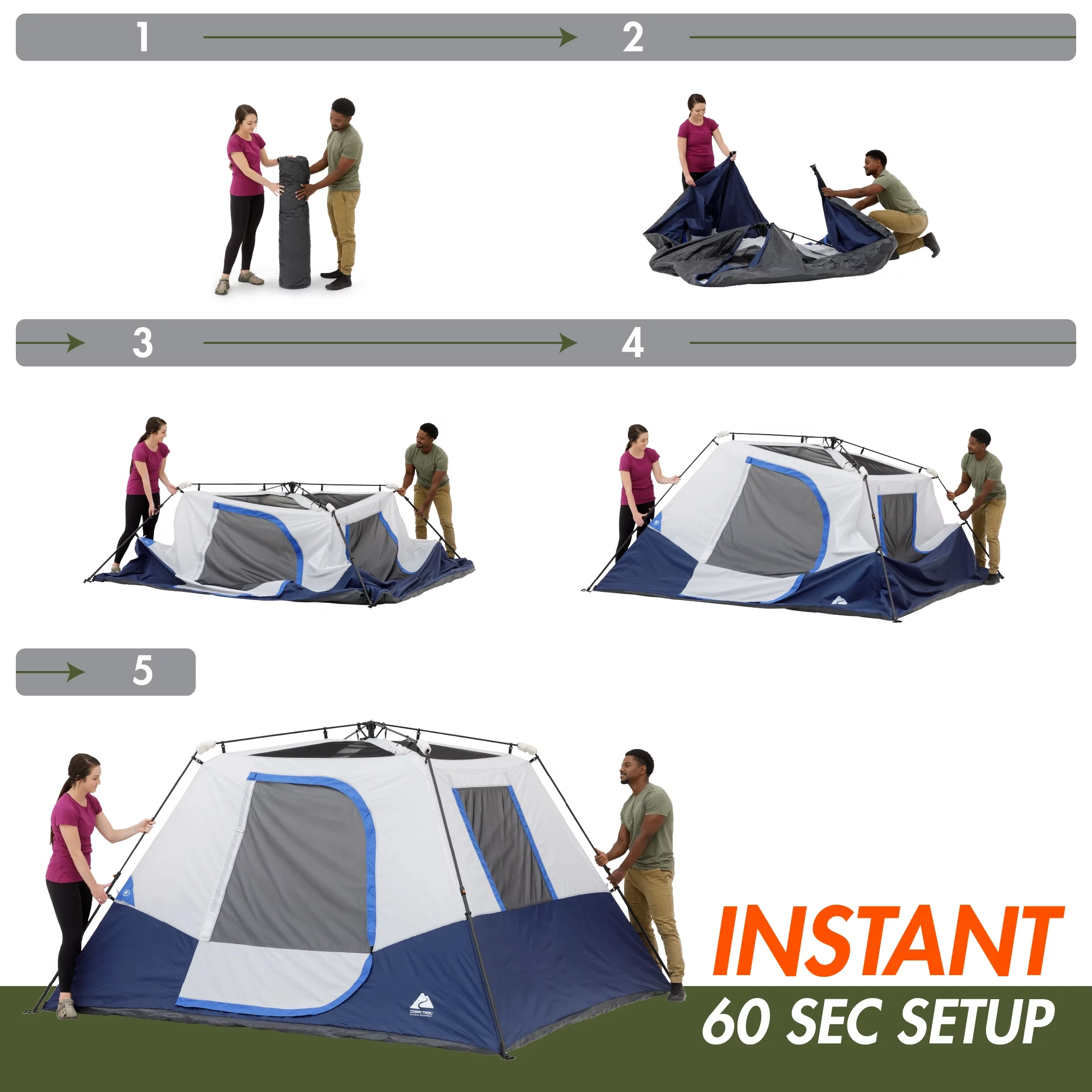 Ozark Trail 10’ x 9' 6-Person Instant Cabin Tent with LED Lighted Hub, 25 lbs