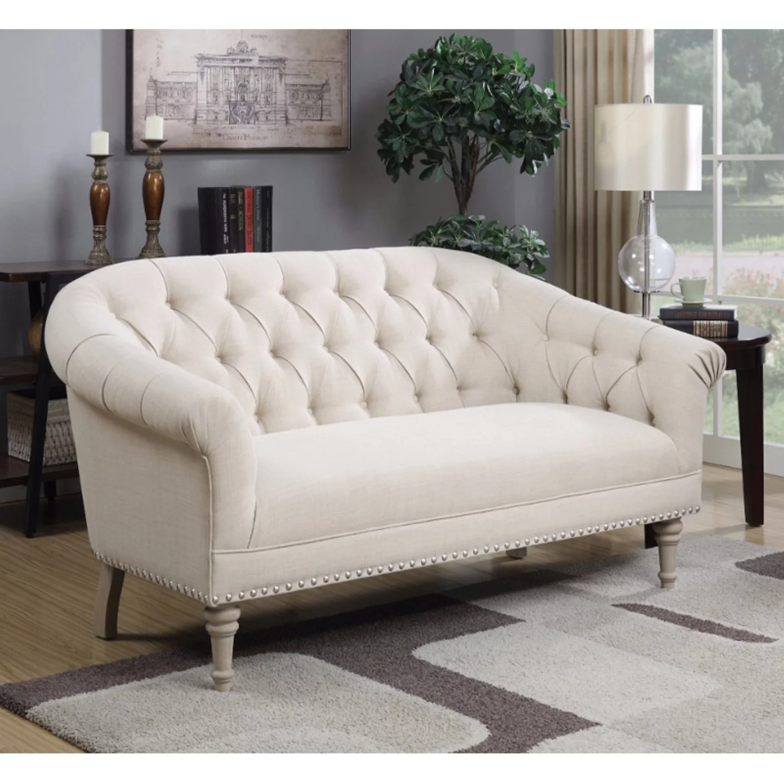 BenJara Traditional Settee With Tufting And Pleated Roll Arms, White