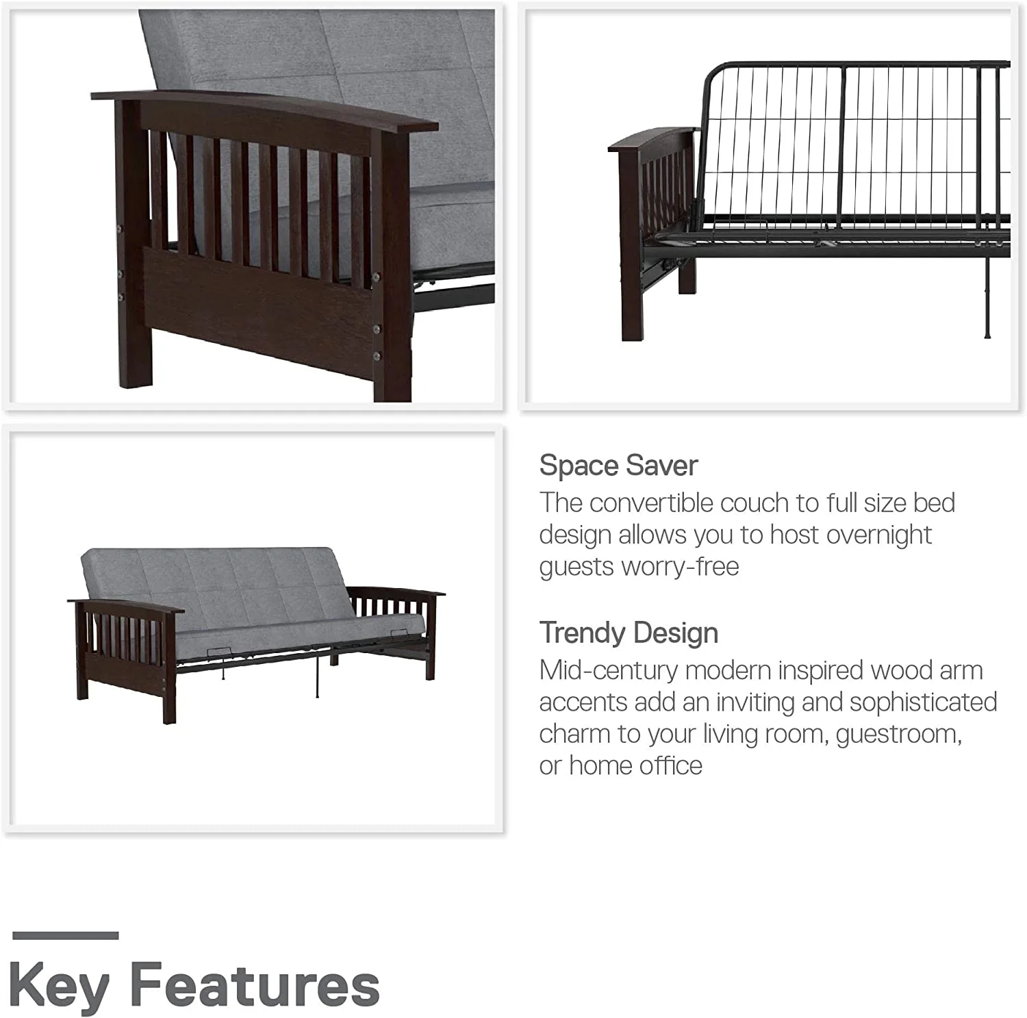 Elbi Full Size Wood Arm And Black Metal Futon Frame, Natural