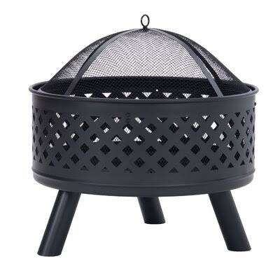 Round Outdoor Steel Wood Burning Fire Pit with Spark Screen for Backyard Garden Camping Bonfire Patio,Black Red Barrel Studio