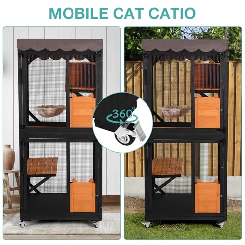 Catio Outdoor Cat Enclosure,Cat House with Wheels,Upgraded cat Scratching Post，Resting Box,Waterproof Roof for Patio Garden (Grey, 31.5" L x 31.5" W x 70.9" H)