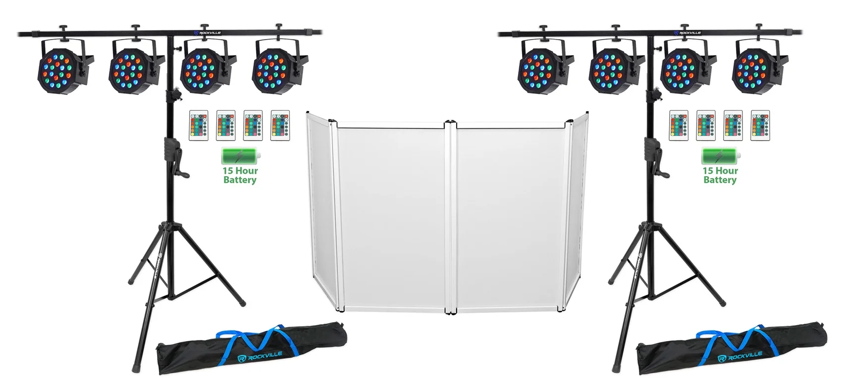 DJ Package (8) Rockville Rechargeable LED DMX DJ Wash Lights+Crank Stands+Facade - Curated Treasures Market