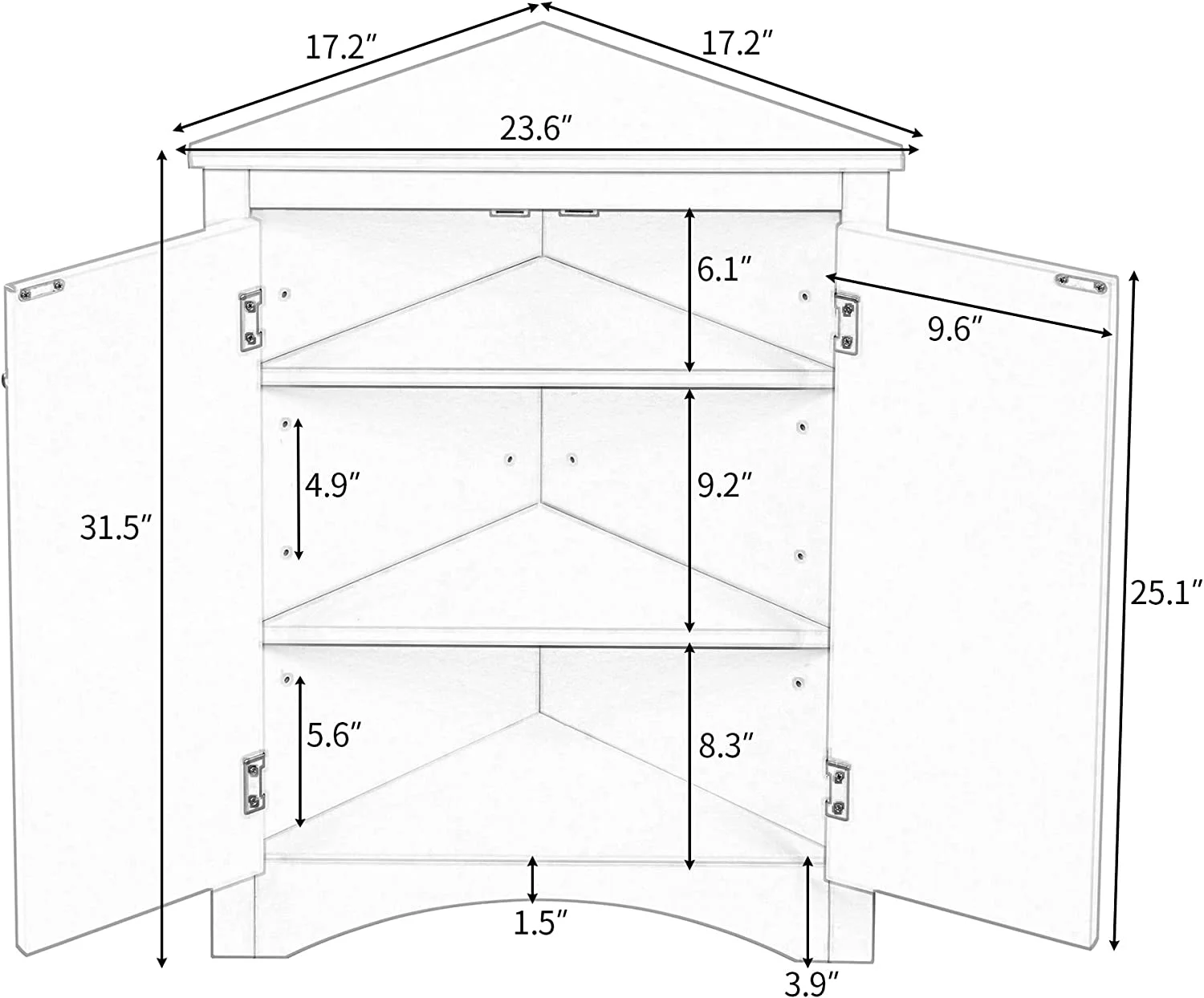 WAGEE Bathroom Corner Storage Cabinet - 2 Adjustable Shelves and 2 Doors Triangle Cabinets Furniture - Floor Cabinets Decorations for Home Kitchen Bathroom Living Room Small Space White Grey