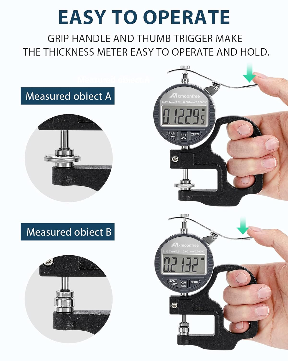 Mxmoonfree Digital Thickness Gauge 0.001mm/0.00005 | 0-12.7mm/0.5 Electronic Micrometer Thickness Meter with LCD Display, Unit Conversion, Storage Case, Extra Battery Pack of 2