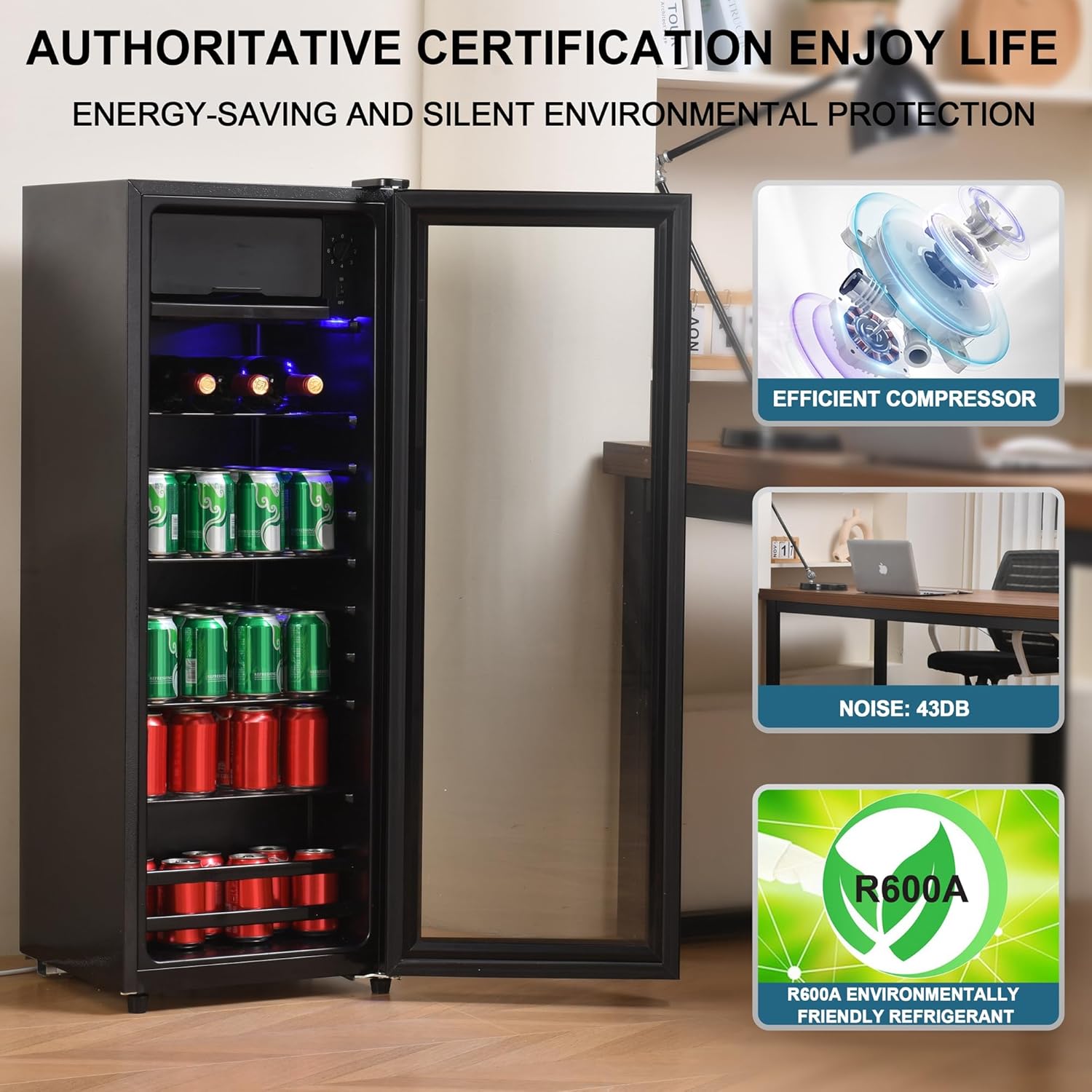 4.5Cu.ft mini fridge, 0.3Cu.ft freezer, up to 94 cans of soda, beer or wine. Silent, high-efficiency and energy-saving compressor, LED lighting, 16.10"×15.70"×43.10", home, RV, apartment, office, etc.