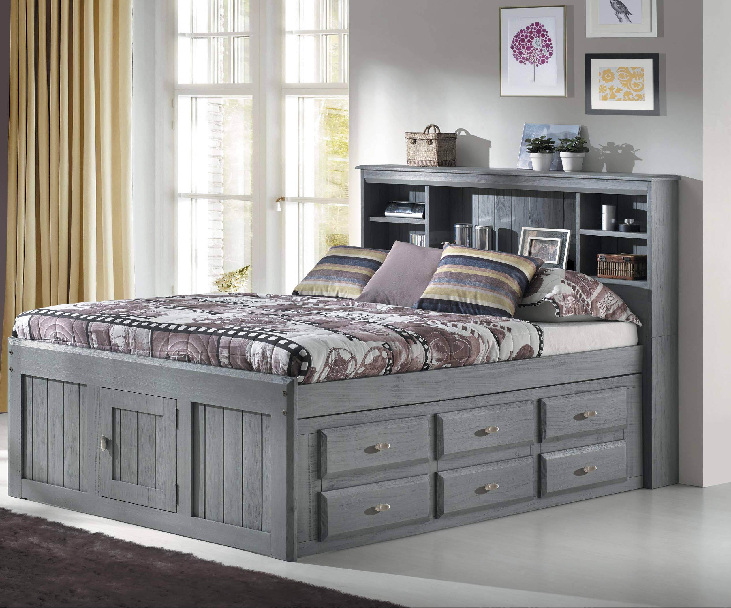 American Furniture Classics Solid Pine Full Captains Bookcase Bed with 6 Drawers in Charcoal