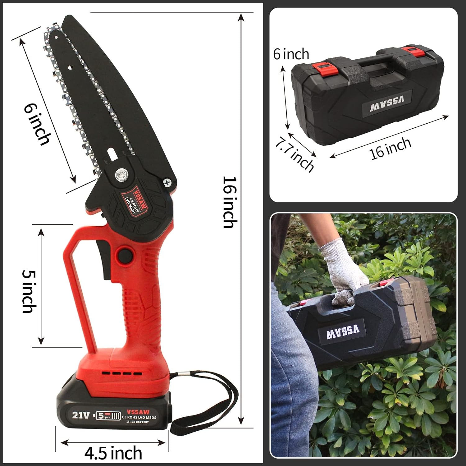 Mini Chainsaw Cordless Brushless, VSSAW 6 inch Battery Power Chain Saw, Portable Handheld Small Chainsaw with Security Lock for Tree Trimming Garden Pruning Branch Wood Cutting Pack of 2