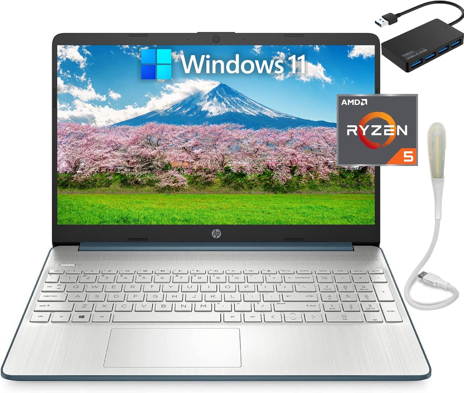 HP 15.6" FHD Laptop Computer, AMD Ryzen 5-5500 (Beat i5-10500) 6-Cores Processor, 16GB RAM, 512GB SSD, HD Webcam, HDMI, Bluetooth, Wi-fi, Windows 10, Silver + TSBEAU 3.0 Hub & USB LED Light
