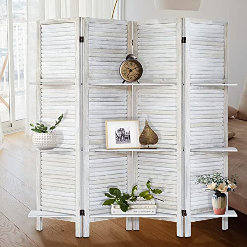 Room Divider with Shelves, Privacy Screen, Room Dividers and Folding Privacy Screens, 5 Panel Wood Temporary Wall Partition Separation Separator, Coconut