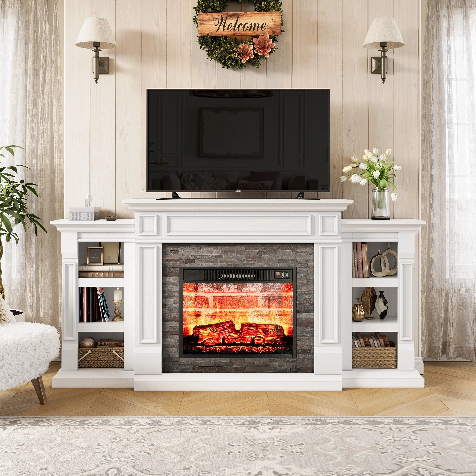 Relefree 70" Electric Fireplace with Mantel, Farmhouse TV Stand For TVs up to 80" with Remote Control, White - Curated Treasures Market