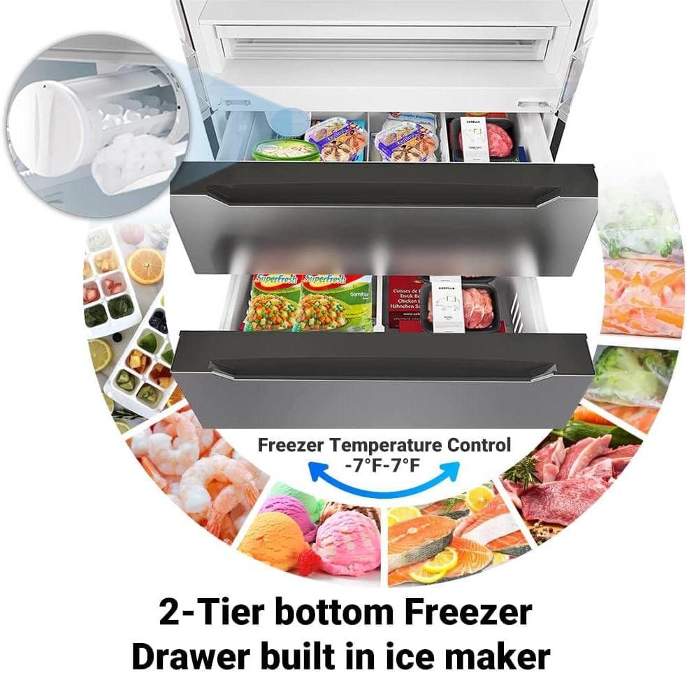 Smad 36" French Door Refrigerator 22.5 Cu.Ft, Refrigerator with Ice Maker, Counterdepth Refrigerator Bottom Freezer, Automatic Defrost, Humidity Controlled, Fingerprint-Proof Stainless Steel