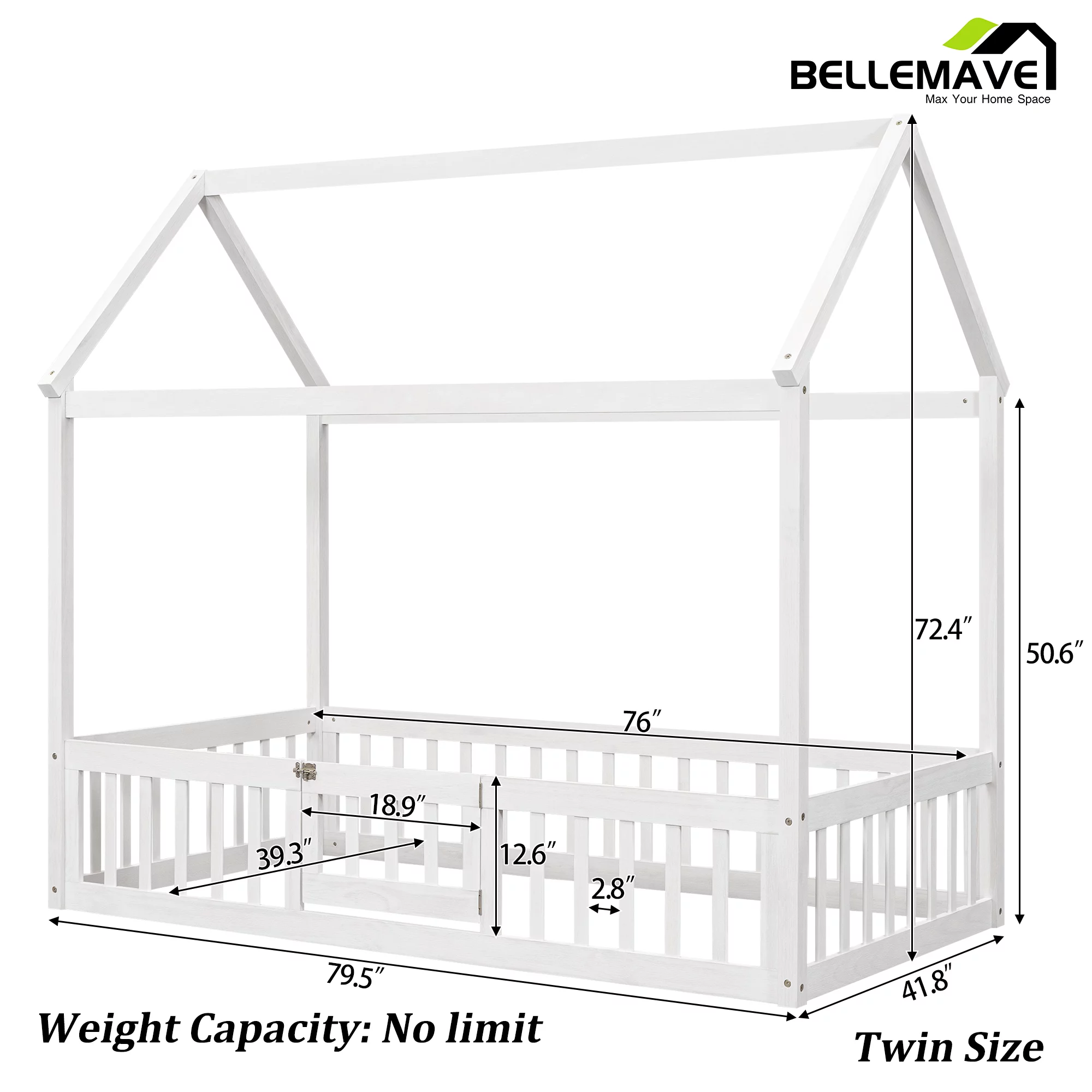 Montessori Bed/Twin House Floor Bed for Toddlers, Kids Girls, Boys,Montessori Floor Bed with Rails and Door,Toddler House Bed(White)