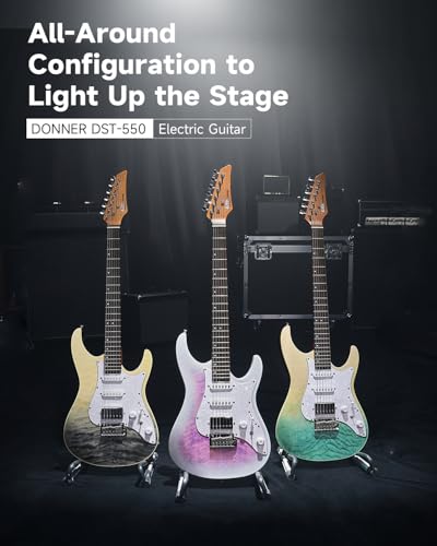 Donner 39 Inch Electric Guitar, DST-550 Color Gradient Poplar Body, Laurel Fretboard & Maple Veneer, 7 Tone Options, Tremolo Bridge, for Intermediate & Pro Players, Bonus Bag – Amethyst white burst