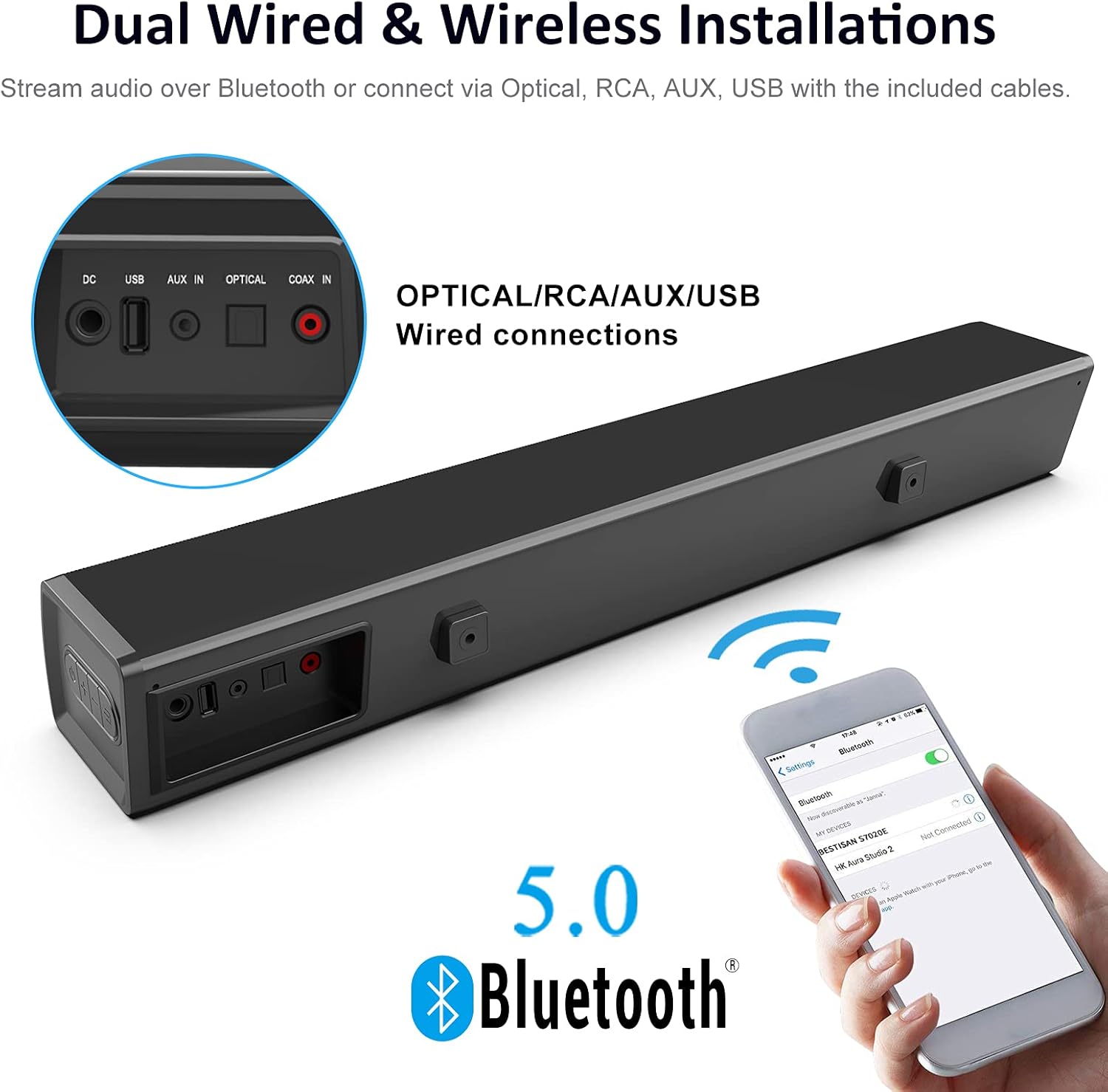 Sound Bar, Bestisan TV Soundbar with Built-in Subwoofer, Wired & Wireless Bluetooth 5.0 Sound Bars, 3 Equalizer Modes Home Audio Speakers, 24-Inch, Bass Adjustable, 80W, Optical/Coax/Aux/USB