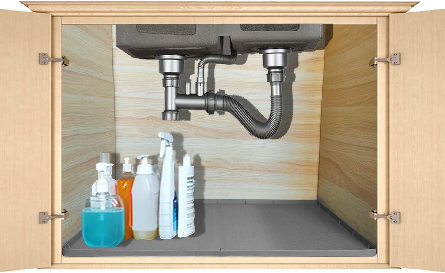 Kapasocap Silicone Under Sink Mat for Kitchen Cabinet Waterproof, 34" x 22" Under Sink Liner Cabinet Mat Cabinet Protector, Silicone Sink Mats for Kitchen, Bathroom(Grey)