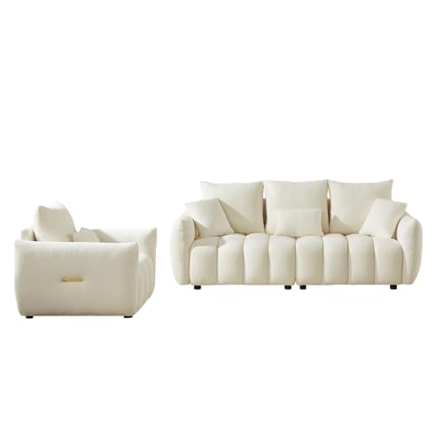 2 Piece Teddy Cloud Sofa Couch Set, Modern Deep Seat 3 Seater Boucle Sofa & Single Sofa Chair, Cozy Upholstered Sherpa Living Room Furniture Set for Apartment Office, Black