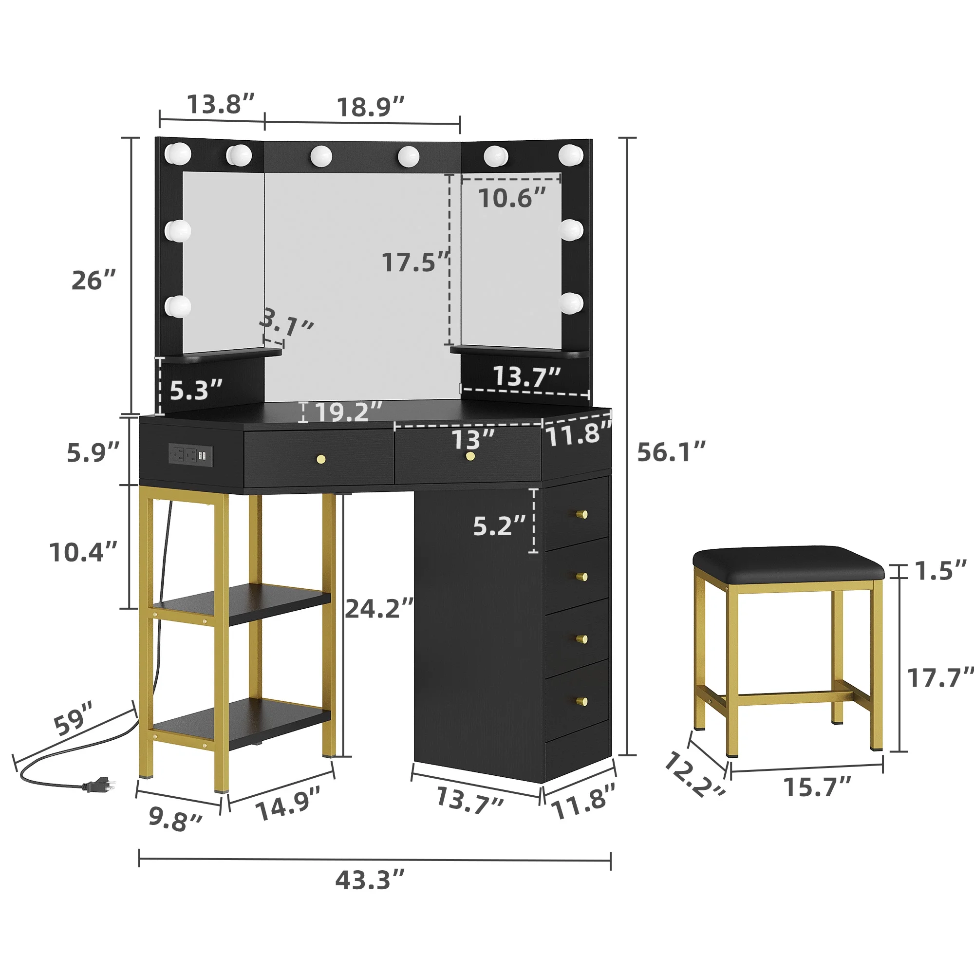 DWVO Corner Vanity Desk With Lights & Mirror, Makeup Vanity with Shelf & 6 Drawers, Vanity Dressing Table for Makeup,Modern Desk Vanity for Bedroom, Black