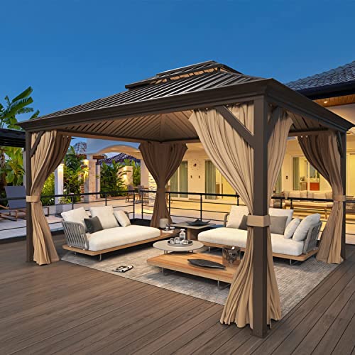 YOLENY 10' x 12' Hardtop Gazebo, Wood-Looking Gazebo with Galvanized Steel Double Roof, Aluminum Frame, Permanent Metal Pavilion with Netting and Curtains for Deck, Backyard, Patio and Lawns
