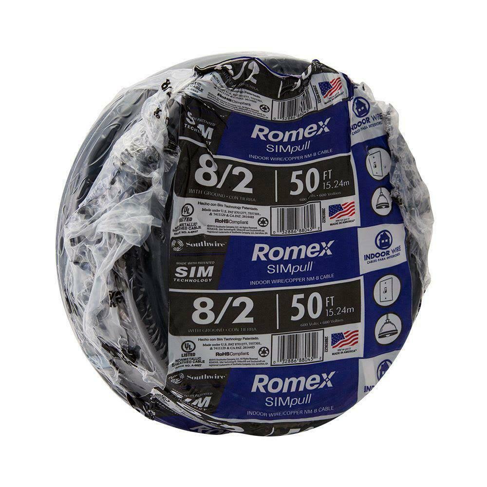 Southwire 50 ft. 8/2 Black Stranded Romex SIMpull Cu NM-B W/G Wire