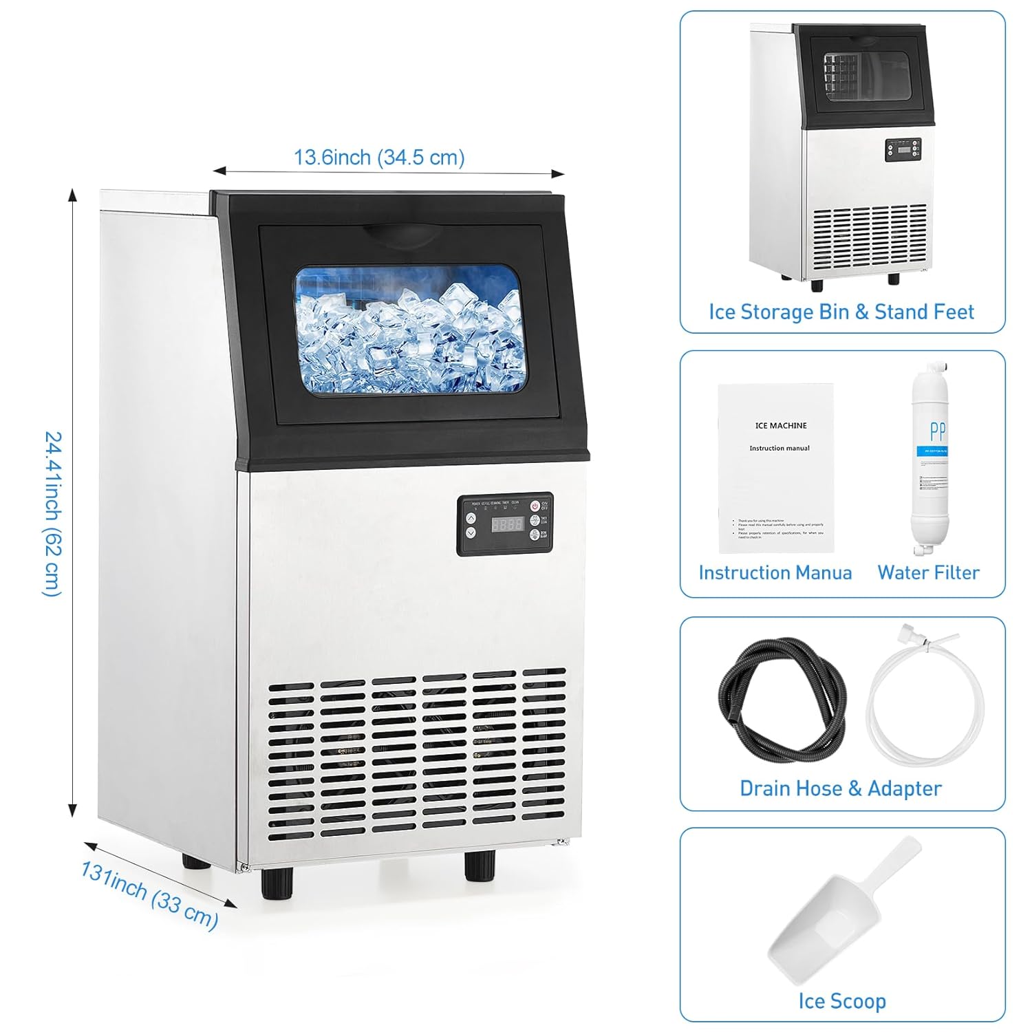 Commercial Ice Maker Machine, 110LBS/24H with 18LBS Bin Stainless Steel Automatic Operation Commercial Ice Machine for Home Bar, Include Water Filter, Scoop, Connection Hose