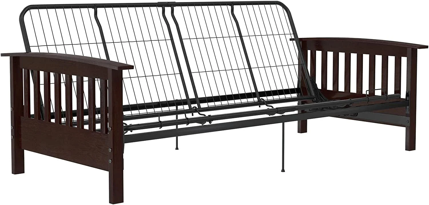 Elbi Full Size Wood Arm And Black Metal Futon Frame, Natural
