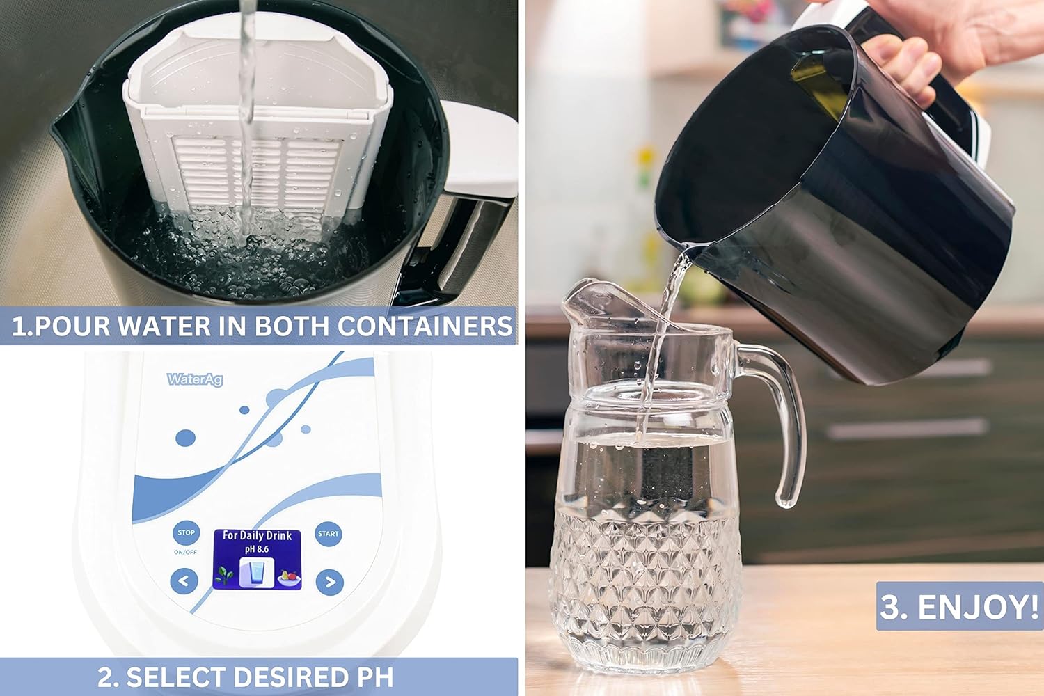 | 3 in 1 Water Ionizer | Alkaline Water Machine | Colloidal Silver Generator Kit | Alkaline Pitcher: PH 2.4-11, up to -1000mV ORP | Silver: 0-20 PPM, Silver Rods 9999 Pure | Acidic Water