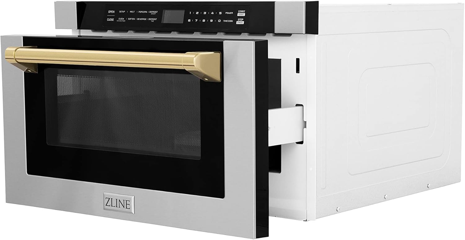 ZLINE Autograph Edition 24" 1.2 cu. ft. Built-in Microwave Drawer with a Traditional Handle in Stainless Steel and Gold Accents