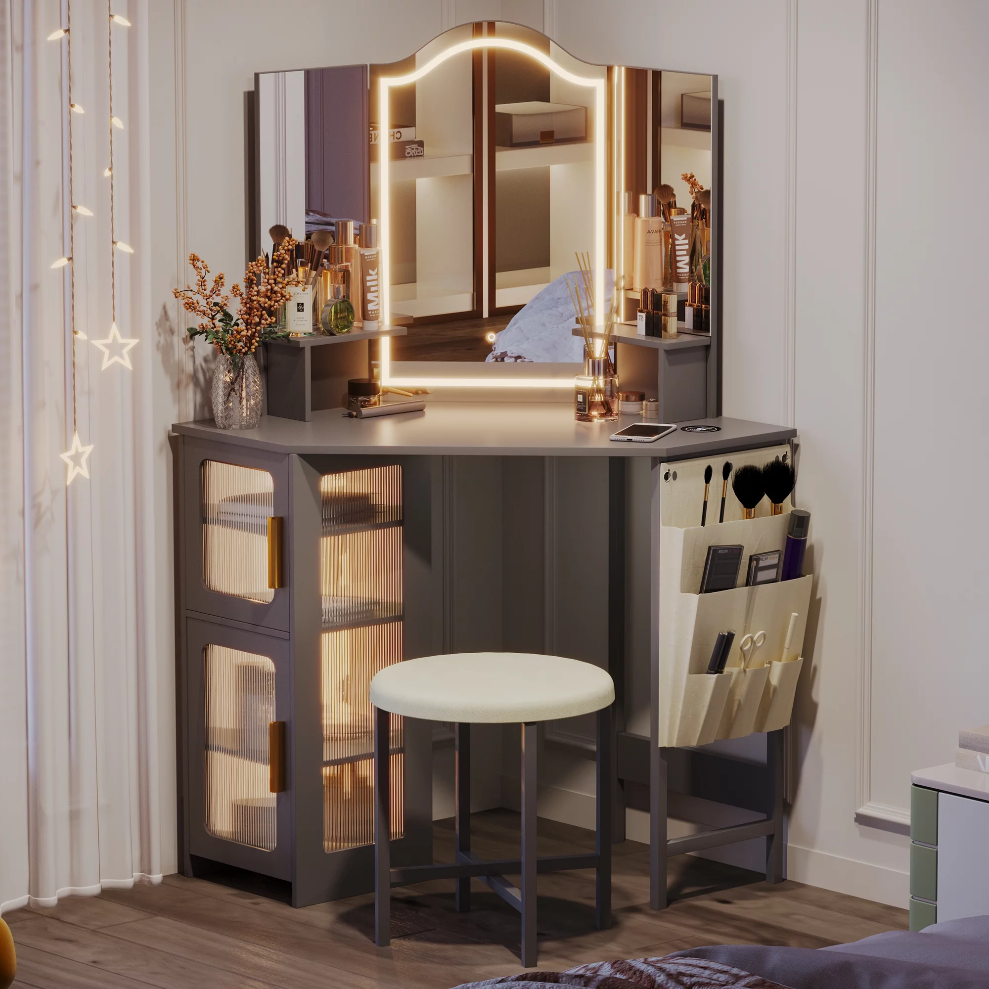 LVSOMT Makeup Vanity Desk with 3 Lighting Options, Dressing Table with Charging Station, Vanity Set with 4 Cabinets, Shelves and Stool, Corner Vanity for Women Girls, White