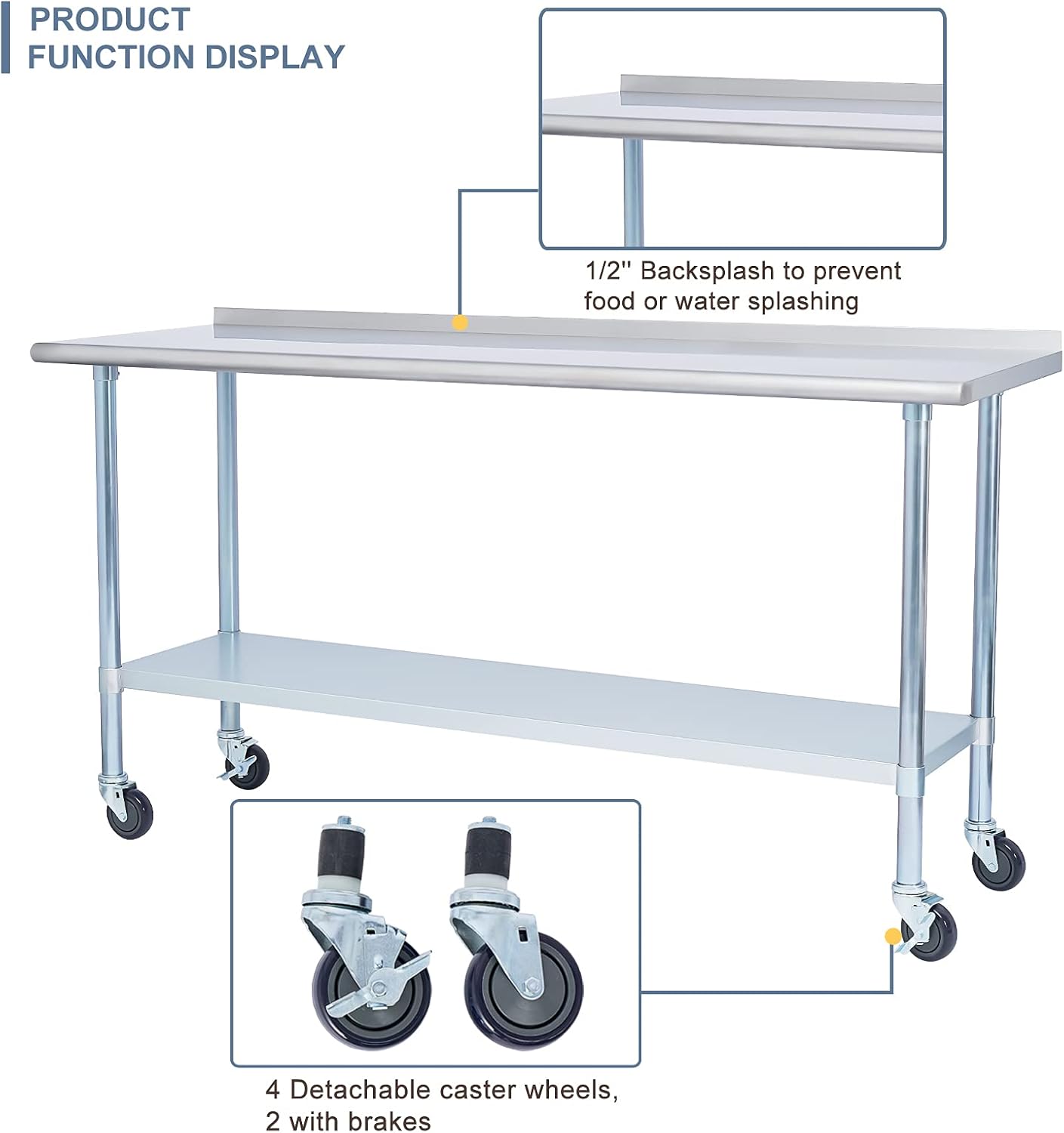 EASE-WAY Stainless Steel Metal Table NSF for Commercial Kitchen Prep & Work, 24 x 60 Inches Worktable with Backsplash, Adjustable Shelf and Caster Wheel, for Industrial Restaurant, Home and Garage