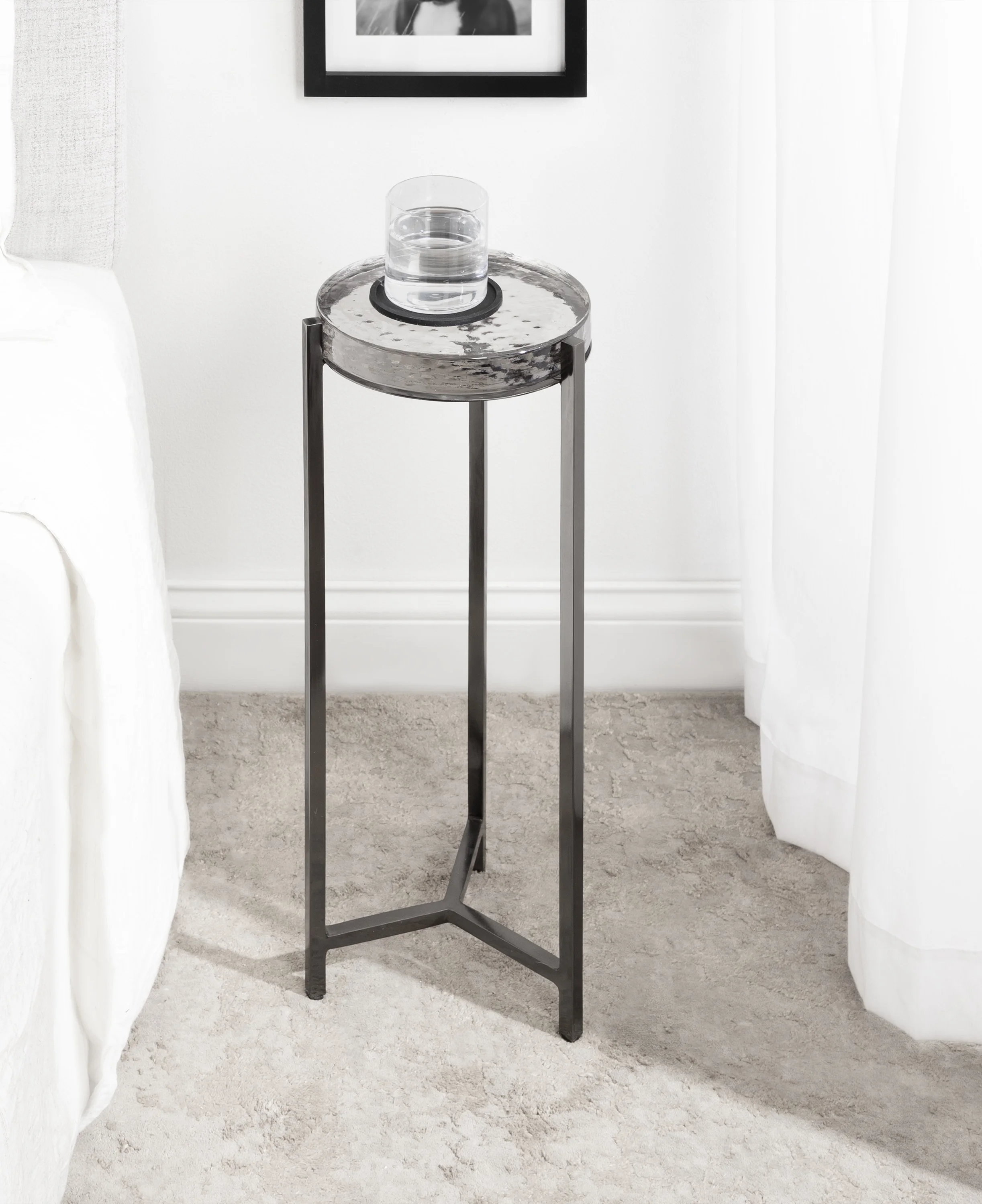 Kate and Laurel Aguilar Modern Drink Table, 9 x 9 x 23, Gray Gunmetal with Clear Glass, Unique Round Glass Accent Table for Small Spaces