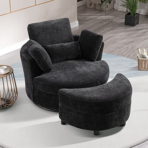 Chair and A Half with Ottoman, 360° Swivel Accent Barrel Chair Modern Comfy Round Reading Sofa Swivel Chairs Circle Lounge Chair for Bedroom Living Room w/4 Pillow Lower Seating Heigh (White, Large)