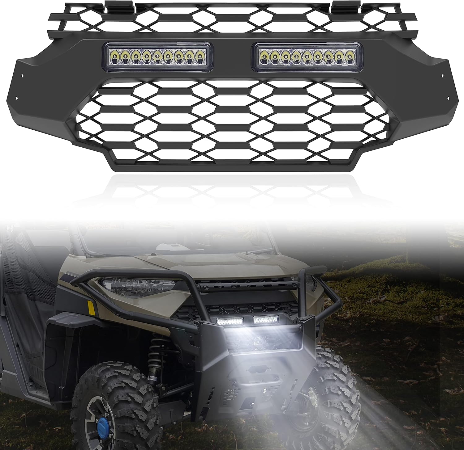 SAUTVS Front Mesh Grill for Ranger XP 1000, Waterproof Black Mesh Grille with LED Light Bar for Polaris Ranger XP 1000 2018-2022 Accessories (1PCS)