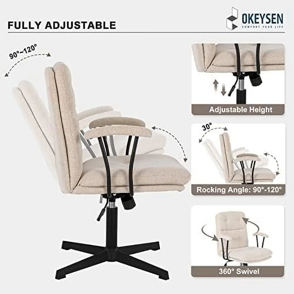 JOMA Office Desk Chair  Vanity Chair with Removable Padded Armrests for   JOMA Swivel Chair with No Wheels  Linen Comfy Chair with Premium Thick Cushion