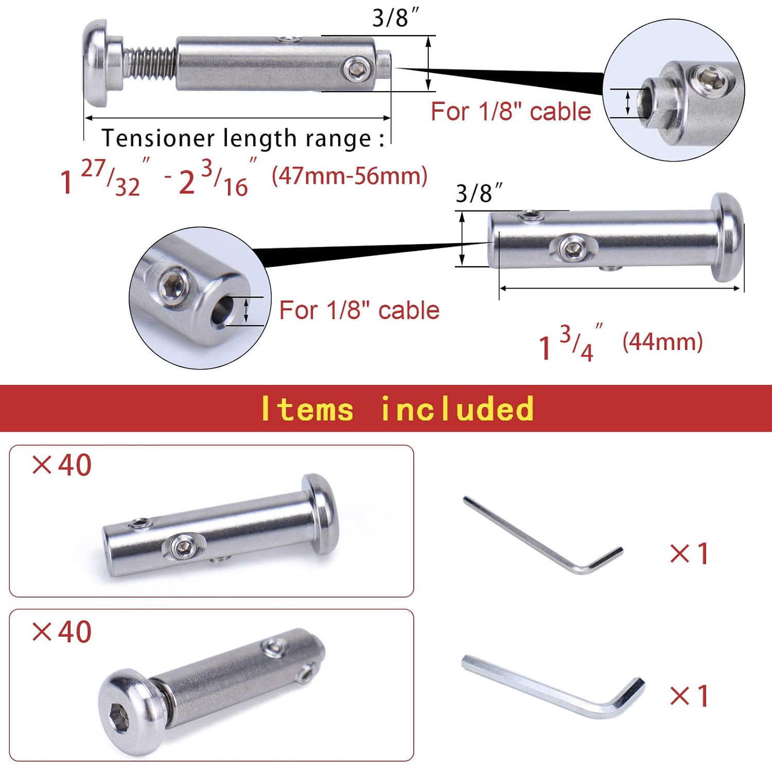 Muzata 40Set Cable Railing kit Invisible Swageless 1/8 Turnbuckle Tensioner Terminal Hidden Round Head for 2x2 Metal Post Deck Stairs SpaceSaver System CB07,CL1 CV1 CV2