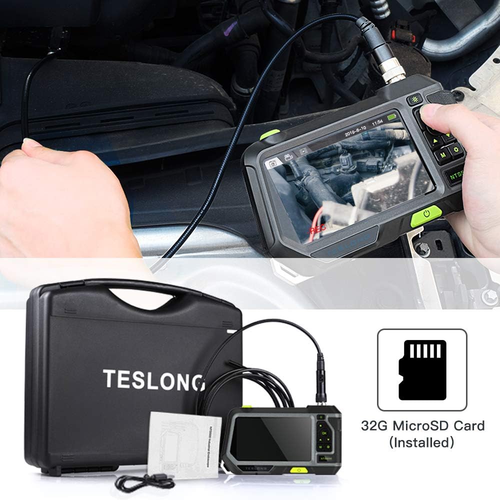 Triple Lens Endoscope, Teslong NTS500 Industrial Borescope Inspection Camera with 5inch 720P HD Screen, Automotive Snake Scope Camera Probe with Light, Home Waterproof Sewer Fiber Optic Camera(16.5ft)
