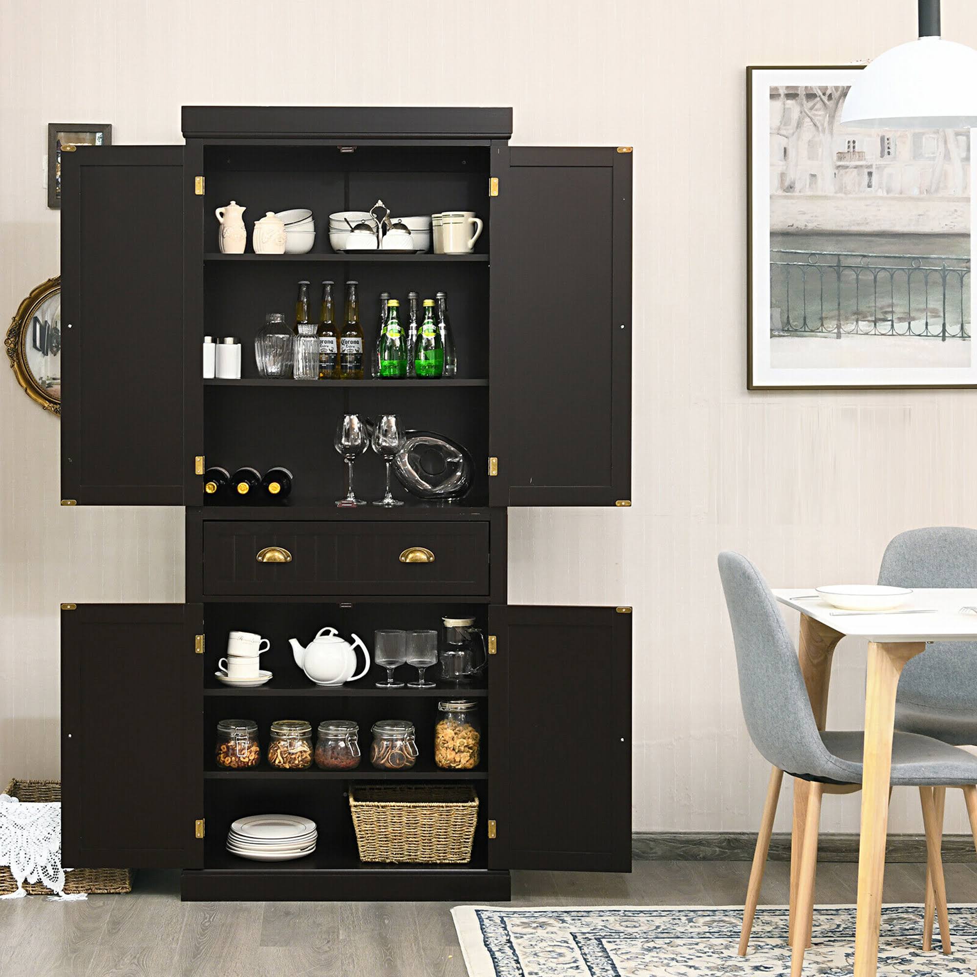 Gymax Kitchen Cabinet Pantry Cupboard Freestanding w/Shelves Espresso