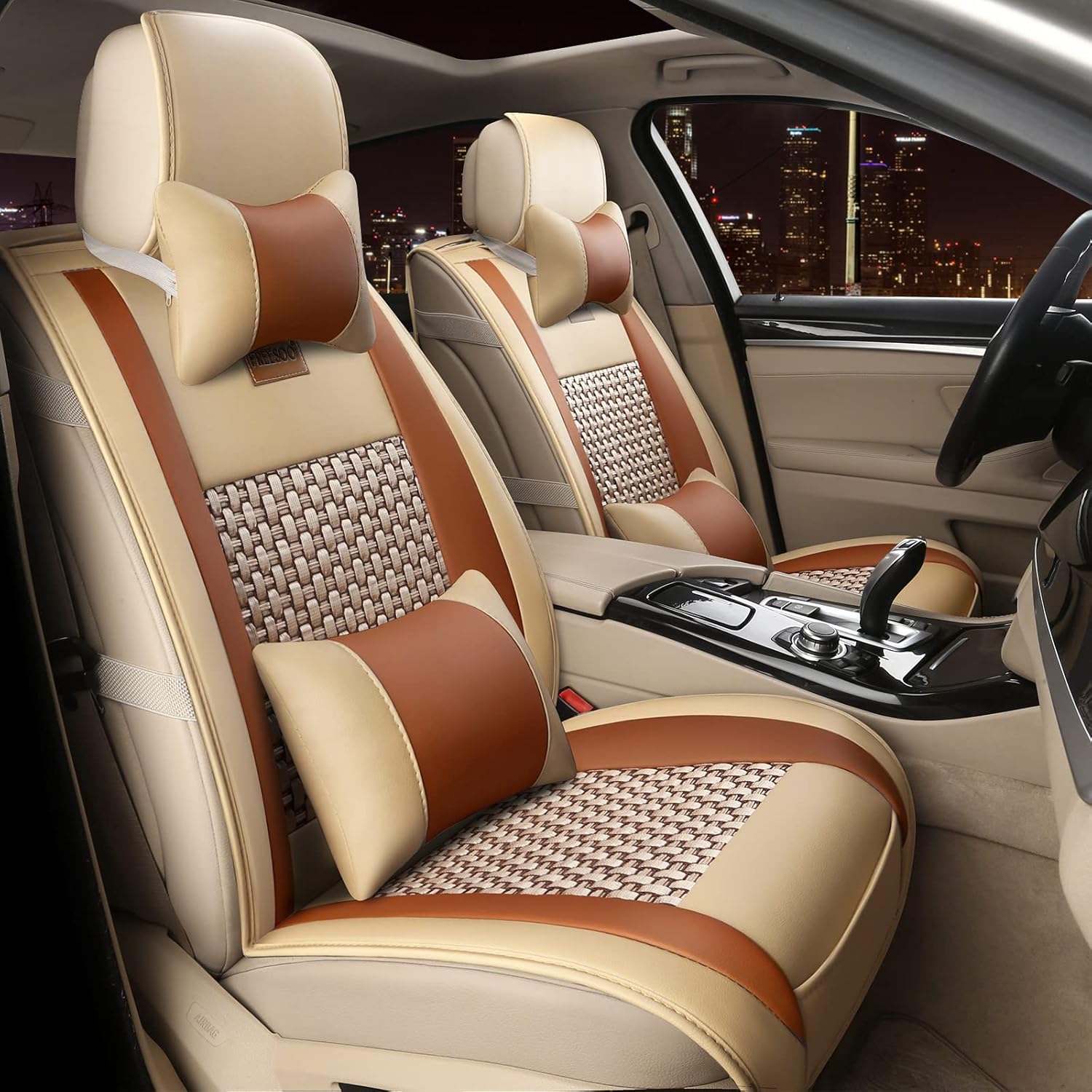 FREESOO Car Seat Cover Leather, Car Seat Covers Full Set Front Rear Automotive Waterproof Universal for 5 Seats Vehicle Year Round Use (Black White 2)
